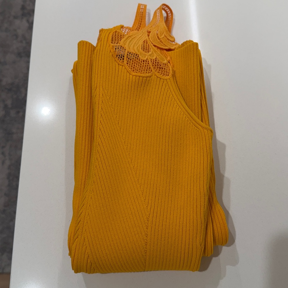 Self-Portrait Canary Yellow Ribbed Knit Bodycon Midi Dress With Lace Size Small - Picture 7 of 14